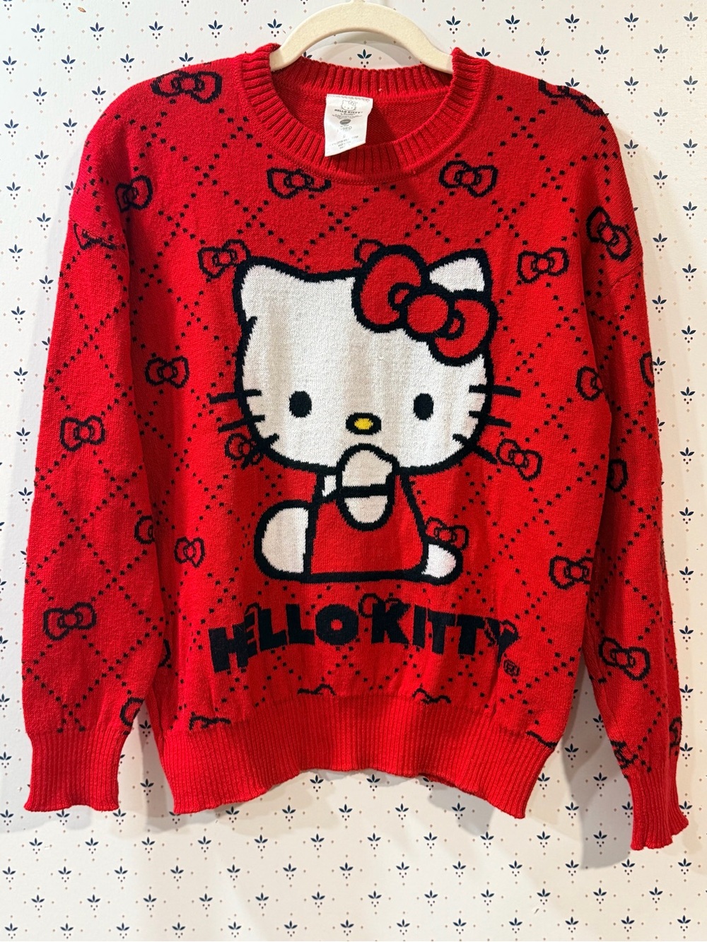 Sanrio Hello Kitty Red Bow Argyle Graphic Knit Crewneck Sweater S